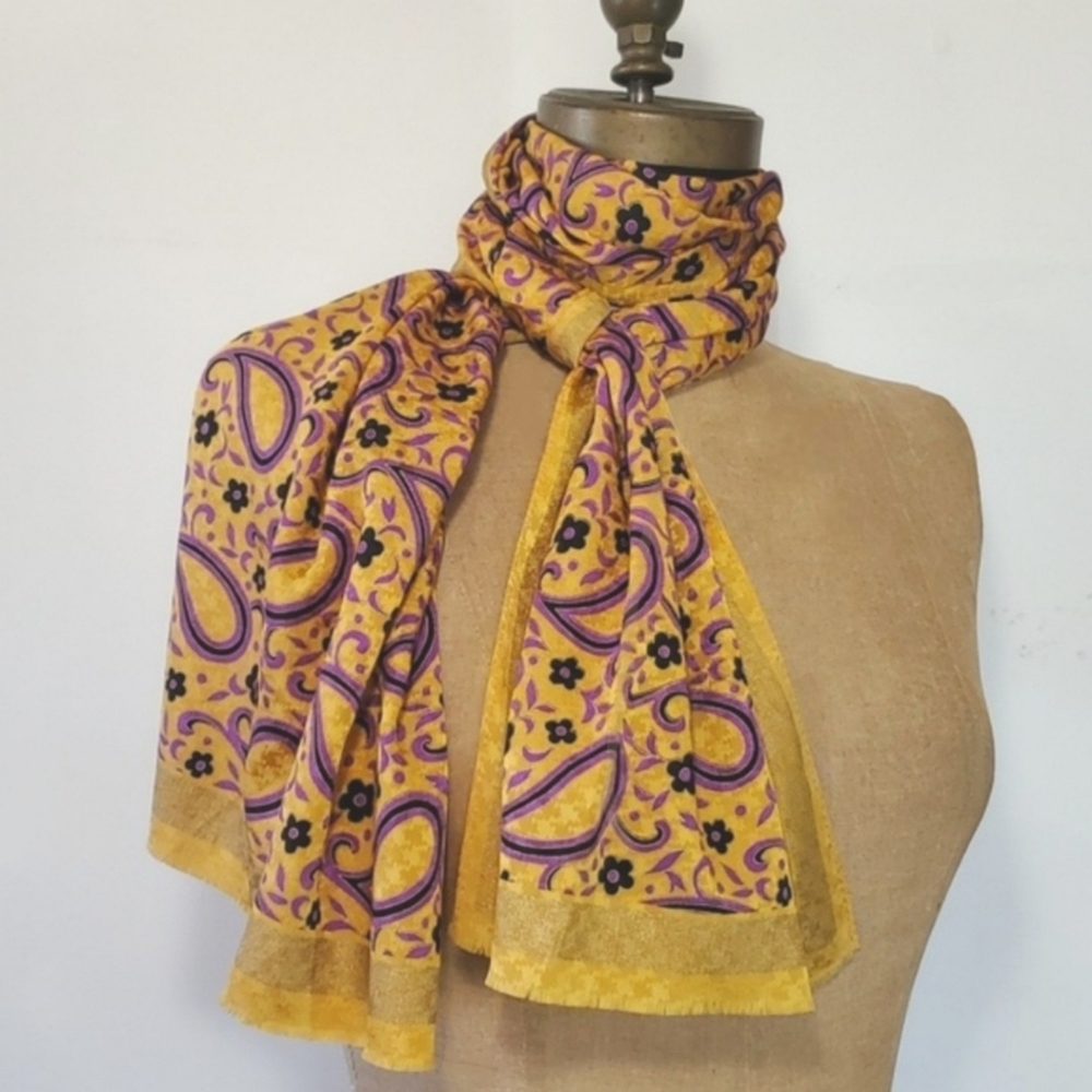 Albert Nipon 60x15" Scarf Handkerchief 100% Silk Paisley Purple Gold Black